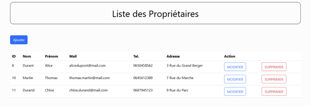 interface liste des proprios